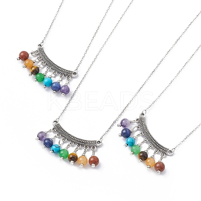 Natural Mixed Gemstone Beaded Curved Rectangle Pendant Necklace NJEW-P274-06-1
