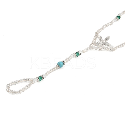 Alloy Crystal Rhinestone Starfish Round Glass Seed Beaded Stretch Toe Ring Anklets for Women AJEW-K052-01-1