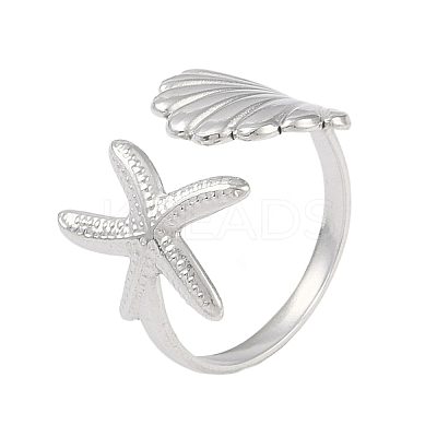 304 Stainless Steel Starfish & Shell Open Cuff Rings for Women RJEW-C095-09P-1