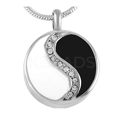 Women's 304 Stainless Steel Rhinestones Flat Round with Yin-yang Memorial Urn Necklace for Ashes PW-WG1E4F5-01-1