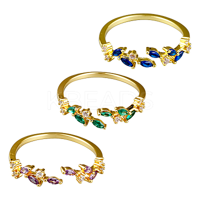 3Pcs 3 Colors Brass Micro Pave Cubic Zirconia Cuff Rings for Women RJEW-GO0001-28A-1