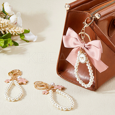 4Pcs 2 Styles Alloy Enamel Flower & Cloth Bowknot Pendant Keychains AJEW-HS0001-25A-1