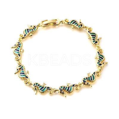 Brass Enamel Turquoise Sea Horse Link Chain Bracelets LS-BJEW-C118-03G-1