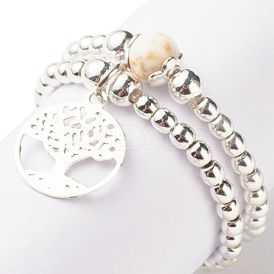 2Pcs 2 Style Natural Magnesite & Synthetic Hematite Beaded Rings with Brass Tree of Life Charms RJEW-JR00474-02-1