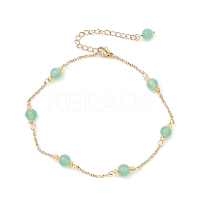 Dyed Round Natural Malaysia Jade & 304 Stainless Steel Cable Chain Ankelets AJEW-AN00701-01-1