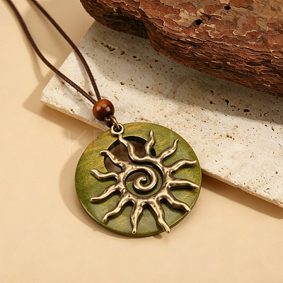 Wood Ring Brass Sun Pendant Adjustable Waxed Cord Necklaces WG3036C-01-1