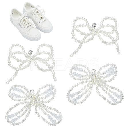 2 Pairs 2 Styles Bowknot ABS Imitation Pearl Shoe Lace Decorations DIY-FG0006-57-1