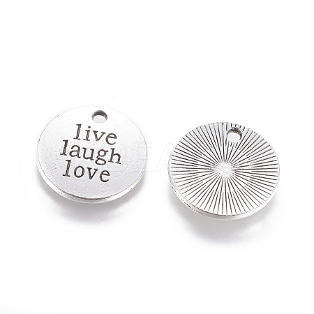Tibetan Style Alloy Flat Round Carved Word Live Laugh Love Message Pendants TIBEP-12582-AS-RS-1
