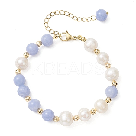 Natural Dyed Blue Lace Agate Beads & Cultured Freshwater Pearl Round Beaded Bracelets for Women BJEW-JB12708-1