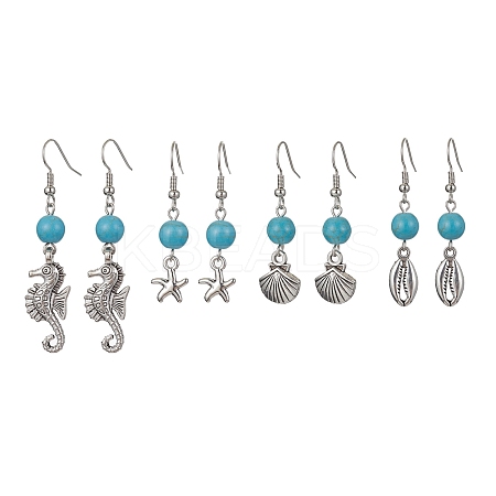 Synthetic Turquoise Beaded Dangle Earrings EJEW-JE05496-1