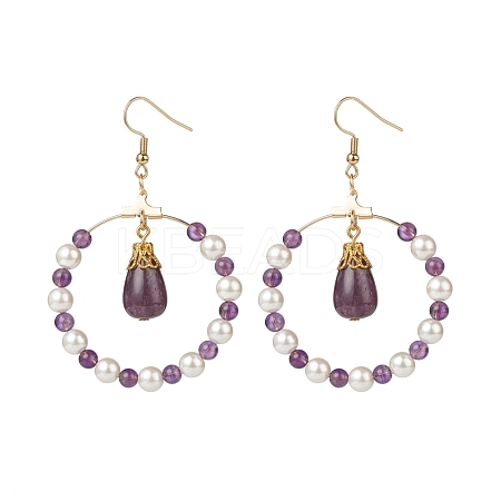 Shell Pearl & Natural Amethyst Beaded Big Ring with Teardrop Dangle Earrings EJEW-JE05044-1