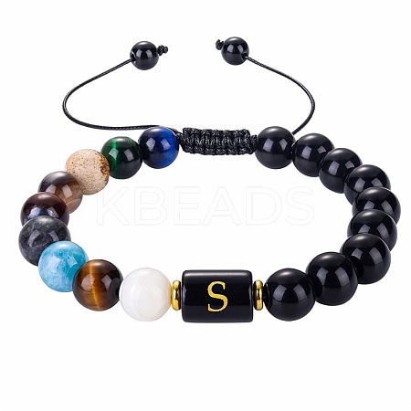 10MM Natural Black Obsidian Alphabet Beaded Braided Bracelets TO2319-19-1
