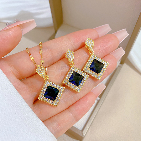 Brass Micro Pave Cubic Zirconia Pendant Necklace & Stud Earrings WG7AC39-42-1