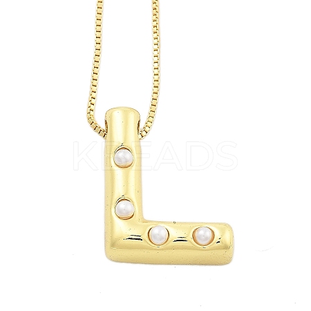 Brass & Plastic Pearl Letter Pendant Box Chain Necklaces for Women NJEW-U017-01G-12-1