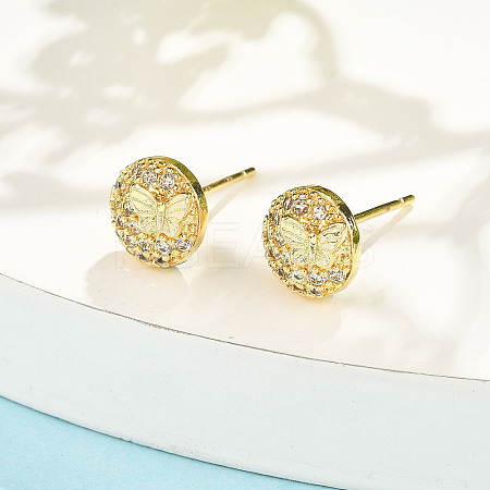 Flat Round with Butterfly Brass Micro Pave Clear Cubic Zirconia Stud Earrings EJEW-H162-02G-1
