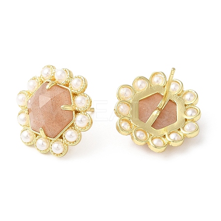 Ion Plating(IP) Natural Sunstone Hexagon Stud Earrings with Plastic Pearl Beaded EJEW-E287-01G-03-1