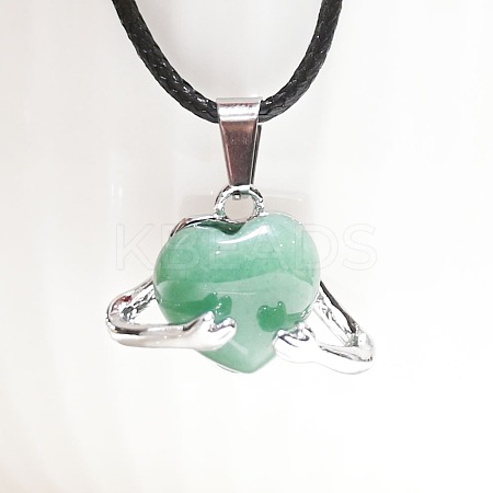 Natural Green Aventurine Heart with Metal Hands Pendant Necklaces FX8013-7-1