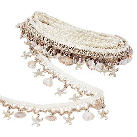 Polyester with Resin Shell Shape & Starfish Charm Lace Ribbon OCOR-WH0078-398-1-1