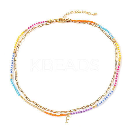 Colorful Glass Seed Beaded Initial Pendant Double Layer Necklaces QS3881-6-1