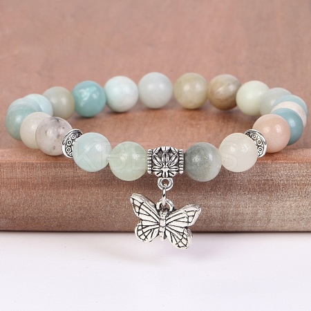 8MM Round Natural Flower Amazonite Beaded Stretch Bracelets with Alloy Butterfly Charms FQ7211-7-1