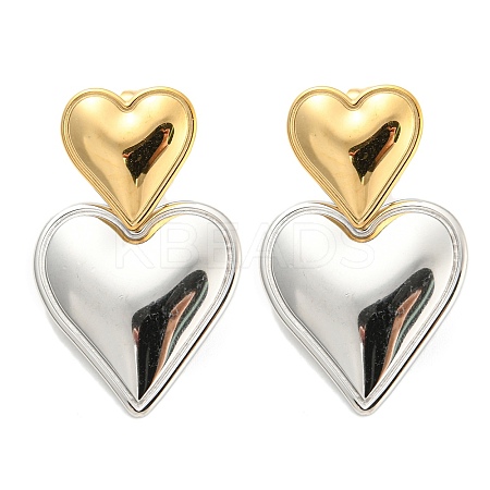304 Stainless Steel Double Heart Dangle Stud Earrings for Women EJEW-D076-01D-GP-1