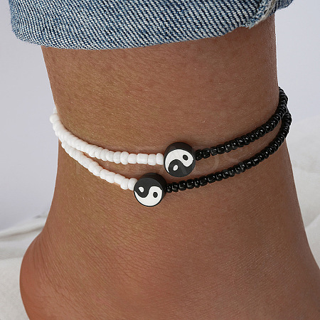 2Pcs Yin-yang Polymer Clay Glass Seed Beaded Stretch Anklet Sets for Women FS-WG3863F-01-1