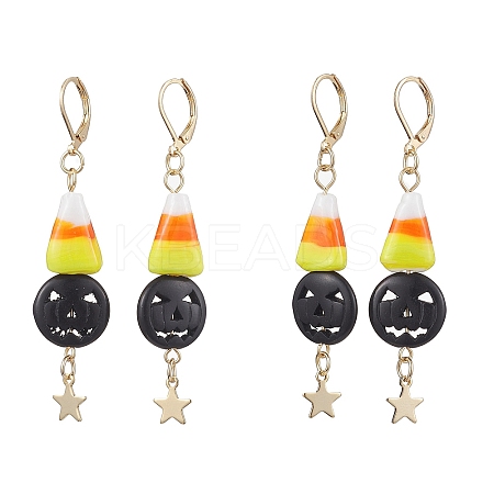 Halloween Candy Corn Handmade Lampwork & Black Pumpkin Synthetic Turquoise Leverback Dangle Earrings EJEW-JE05872-1