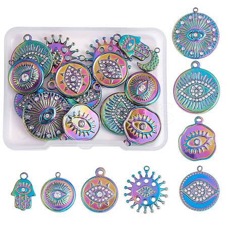 16Pcs 8 Style Eye Theme 304 Stainless Steel Rhinestone Pendants STAS-SZ0002-85MC-1