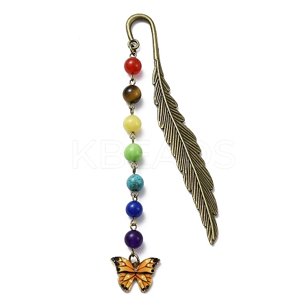 Butterfly Alloy Enamel Pendant Bookmark with Chakra Gemstone Bead AJEW-JK00253-01-1