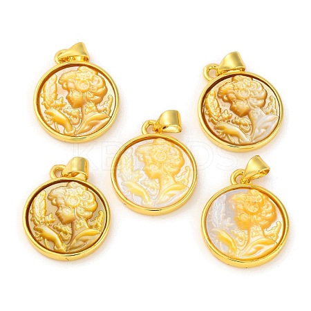 Natural Yellow Shell Carved Cameo Lady Pendants KK-D537-01G-01-1