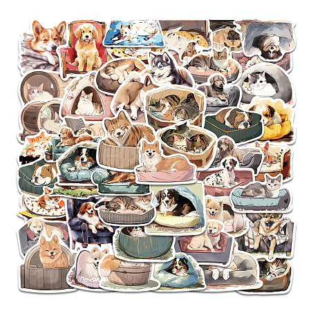 50Pcs Sleepy Dog Cat PVC Waterproof Self-Adhesive Stickers PW-WG75497-01-1