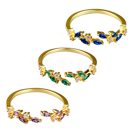 3Pcs 3 Colors Brass Micro Pave Cubic Zirconia Cuff Rings for Women RJEW-GO0001-28A-1