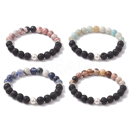 8mm Round Natural Lava Rock & Gemstone & Shell Pearl Beaded Stretch Bracelets for Women Men BJEW-JB10314-1