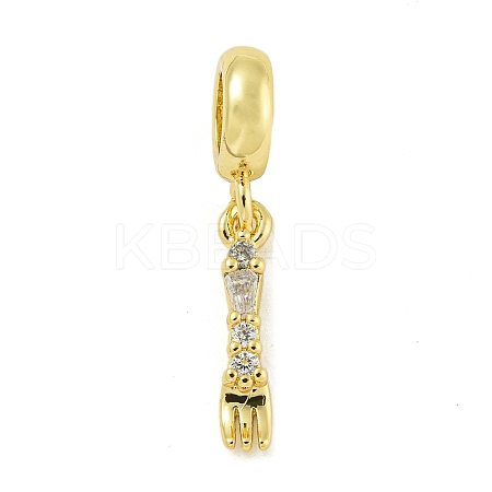 Rack Plating Brass Pave Clear Cubic Zirconia Fork European Dangle Charms KK-Z067-33G-1