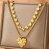 304 Stainless Steel Heart Pendant Flat Sequin Chain Double Layer Necklaces for Women NJEW-F343-03G-3