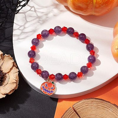 Halloween 8mm Round Natural Amethyst & Glass Beaded Stretch Bracelets BJEW-JB10701-1