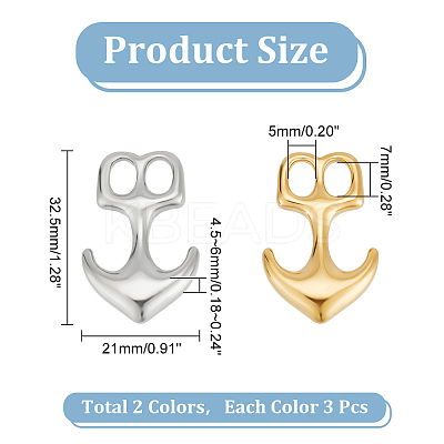 6Pcs 2 Colors 304 Stainless Steel Anchor Hook Clasps STAS-UN0050-79-1