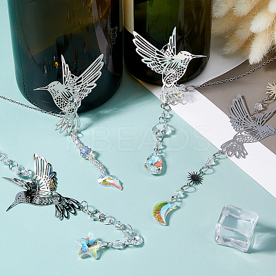 4Pcs Glass & Stainless Steel Hummingbird Hanging Suncatchers HJEW-FH00199-1