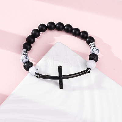 Round Natural Black Agate & Lava Rock & Synthetic Howlite Bead Stretch Bracelets BJEW-F493-04EB-01-1