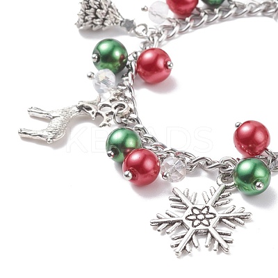 Christmas Gift Box & Tree & Snowflake & Reindeer Alloy Charm Bracelet with Glass Pearl BJEW-TA00097-1