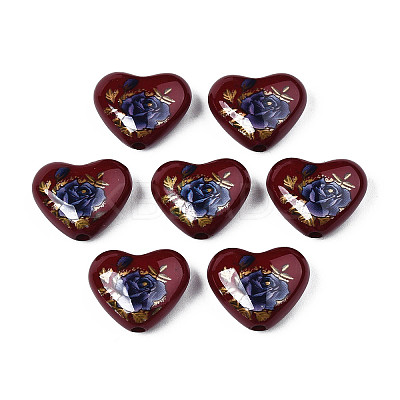 Flower Printed Opaque Acrylic Heart Beads SACR-S305-28-L01-1