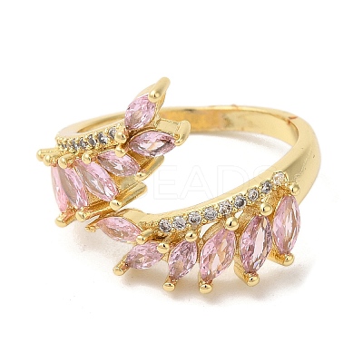 Leaf Brass Micro Pave Cubic Zirconia Open Cuff Rings RJEW-U008-05C-G-1