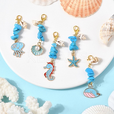 5Pcs Ocean Synthetic Turquoise & Shell & Alloy Enamel Pendant Decorations HJEW-YW00108-1
