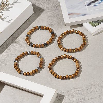 Natural Wood & Synthetic Hematite Round Beaded Stretch Bracelet for Women BJEW-JB09148-1