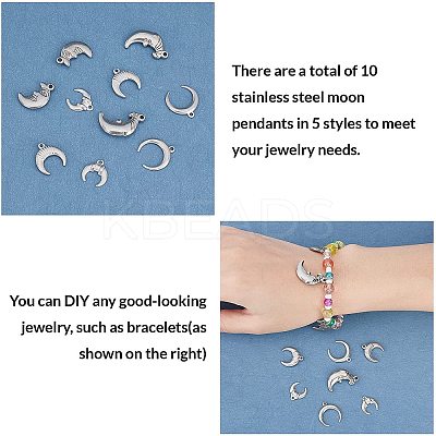 10Pcs 5 Style 304 Stainless Steel Pendants STAS-UN0024-67-1
