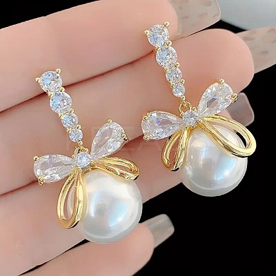 Bowknot with Round Alloy Micro Pave Clear Cubic Zirconia Dangle Stud Earrings FS-WG257E1-01-1