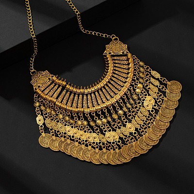 Tibetan Style Zinc Alloy Coin Tassel Chunky Bib Necklaces for Women FS-WGCC506-01-1