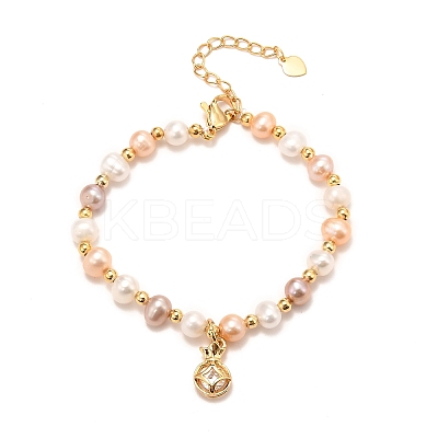 Brass Micro Pave Cubic Zirconia Flat Round Charms Bracelets BJEW-D447-04G-01-1