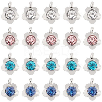 40Pcs 4 Colors 304 Stainless Steel Rhinestone Flower Charm Pendants STAS-DC0011-41-1
