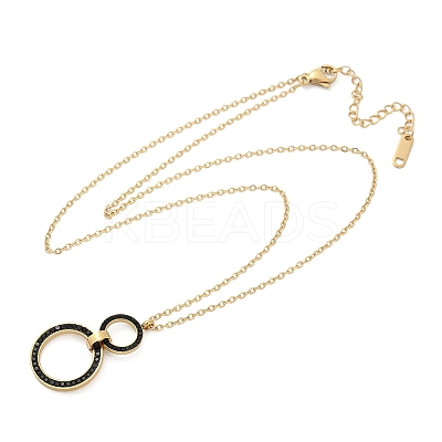 304 Stainless Steel Jet Rhinestone Double Rings Pendant Necklaces NJEW-V001-04G-1